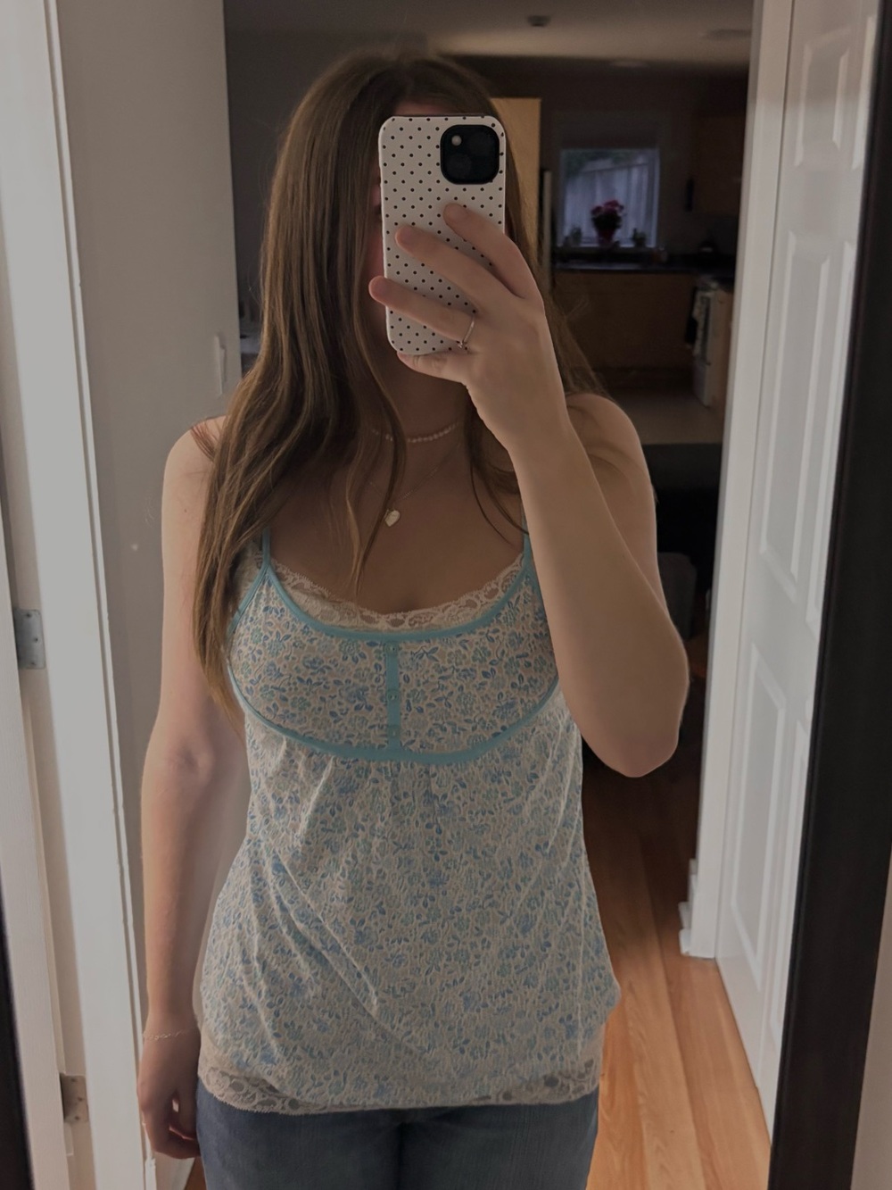 Y2K Blue Floral Lace-Trim Camisole Tank Top - Women